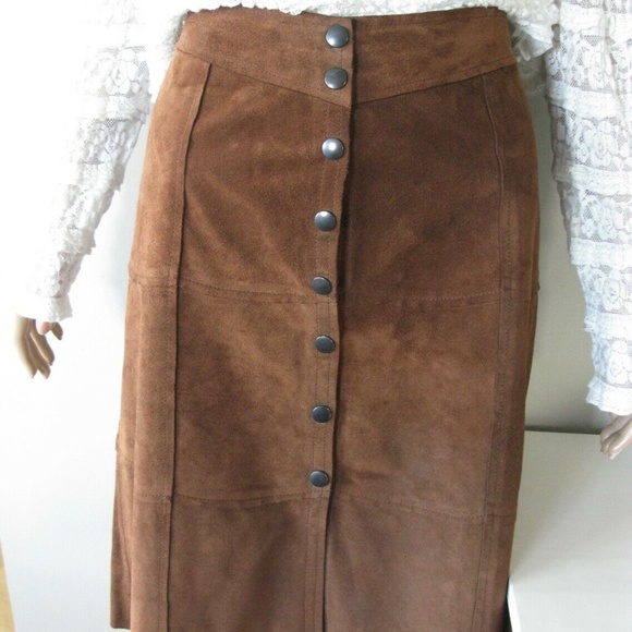 Vintage GAP KHAKIS BROWN SUEDE LEATHER MIDI SKIRT - Picture 7 of 8